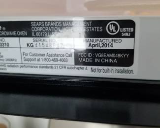 Kenmore microwave oven mfg. April 2014