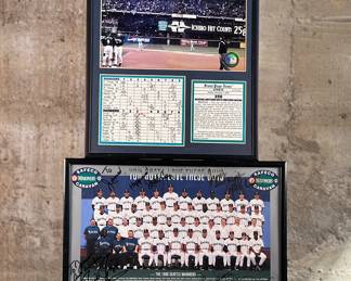 A pair of framed memorabilia depicting the Seattle Mariners. The bottom framed piece features numerous autographs. The Seattle Mariners, an American League West franchise, were founded in 1977 as an expansion team. They were part of the 1977 MLB season alongside the Toronto Blue Jays. The Mariners’ home stadium was the Kingdome until 1999, when they moved to Safeco Field (now T-Mobile Park).