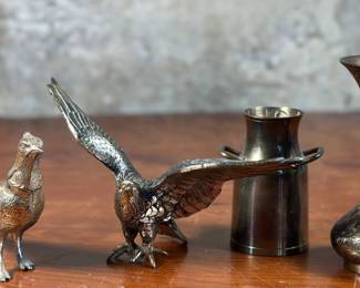 This lot features a collection of vintage and antique brass items including two birds and two vases. Various markings underneath as shown in photos.