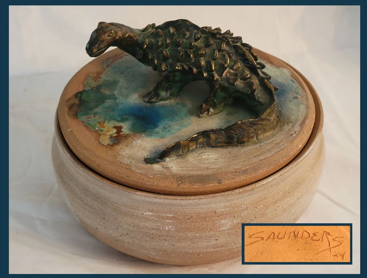 Wonderful Large Lidded Piece with Dinosaur; Signed Saunders