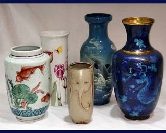 Koi Vase, Hand Painted Dolphin Vase, Gempo Elephant Vase and Cloisonne Vase with Dragon
