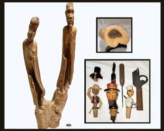 Large Wood Carving with 3 Faces Signed Duke Guthrie, Carved Wooden Pipe and Bottle Stoppers