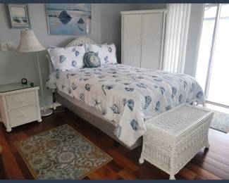 Lovely White Wicker Bedroom Set; Full Adjustable Bed, Nightstands, Dresser, Wardrobe, Chest of Drawers, Blanket Chest and Lingerie Chest