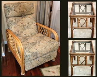 Rattan Recliner and Rattan and Glass End Tables