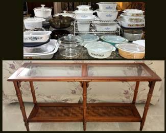 A Great Selection of Corning Cookware and Dinnerware and Lovely Faux Bamboo Sofa Table
