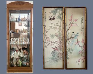 Tall Thin Display Cabinet and Pair of Asian Inspired Lithos