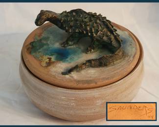 Wonderful Large Lidded Piece with Dinosaur; Signed Saunders