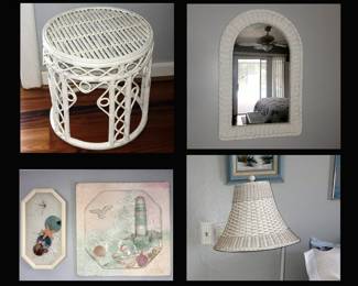 Small Wicker Stool, Wicker Mirror and Wicker Lamp Shade on Floor Lamp