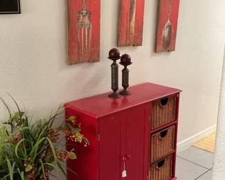 Red cabinet with pull out baskets-32x12x30. Wall decor-10x27