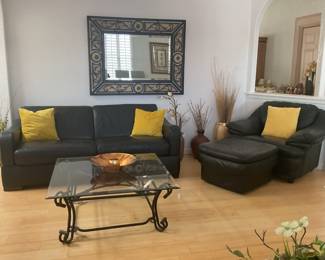 Italsofa black “leather” sofa with mattress-74”. Black “leather” chair-43x30 ottoman-25x25x16