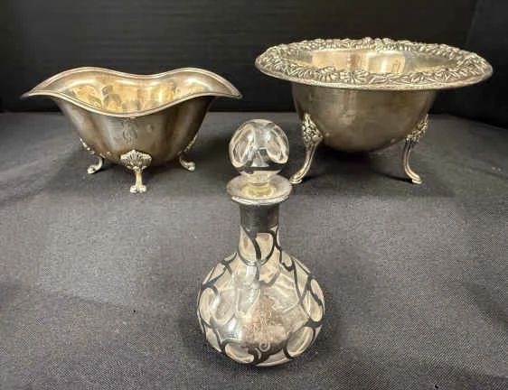01 Towle Sterling 4897 and S Kirk Son Sterling 207 Footed Bowls, Perfume Bottle with Sterling Overlay