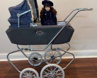 Vintage Baby Doll Buggy and Porcelain Doll with Stand