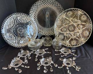 Cut Glass 6 Bobeche Candle Tray, 2 Animal Dishes with Lid, 3 Round Serving Trays