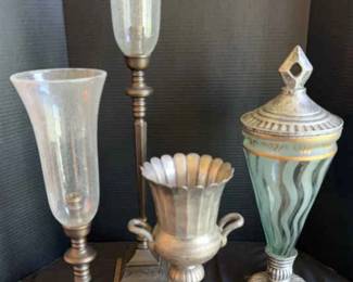 Candle Stick Hurricanes, Pewter Urn, Frosted Glass Apothecary