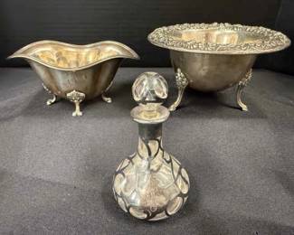 01 Towle Sterling 4897 and S Kirk Son Sterling 207 Footed Bowls, Perfume Bottle with Sterling Overlay