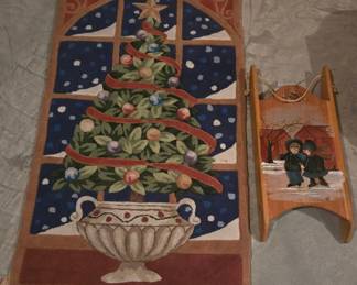 Hand Made 34 x58 Christmas Rug And Decorative Wooden Sleigh