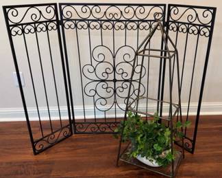 Folding Metal Screen and Metal Two Tiered Obelisk Glass Shelving