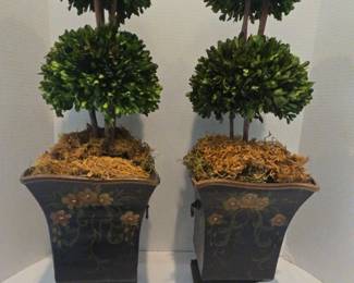 2 Double Ball Boxwood Topiaries in a Handpainted Planter