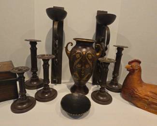 Tin Brown Box, 5 Candle Holders, Brown Vase, 2 Wall Sconces, Wooden Chicken, Candy Dish