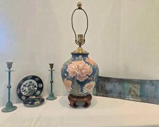 Blue Floral Table Lamp No Shade, Two Metal Candlestick Holders, Three Decorative Plates