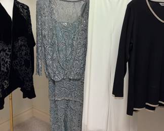 I Magnin Sequin Dress, Silk Rayon Shawl, Misook Top, MSK Pant