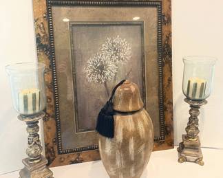 Ceramic Urn, Pair of Plaster Pedestal Candle Holders, Framed Dandelion Art Print