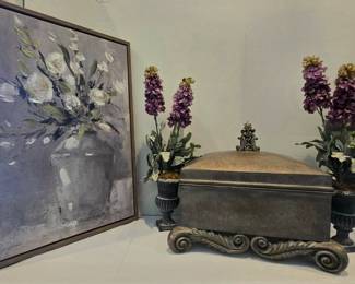 2 Faux Floral Plants In Concrete Vases, Faux Stone Storage Box With soft Lining, Floral Painting