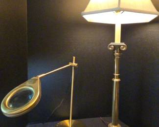 Brass Base Lamp And Table Top Magnifying Glass With Light