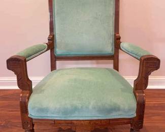 06 Georgian Carved Chair with Mint Velvet Upholstery, Front Casters