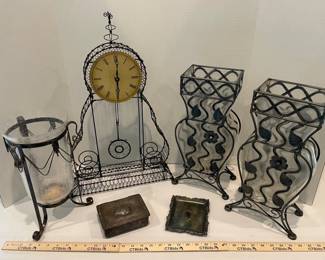 Meridan Silverplate Trinket Dish, Metal Wire Clock, German Metal Wood Box, Metal Glass Planters