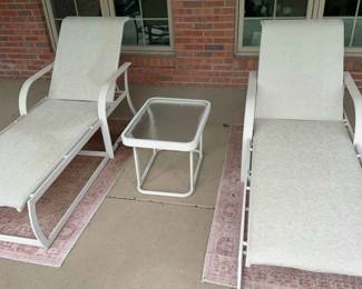 Ivory Folding Sling Chaise Lounge Chairs and Table with Glass Top