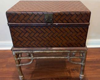 End Table Storage Trunk with Herringbone Pattern on Bamboo Stand