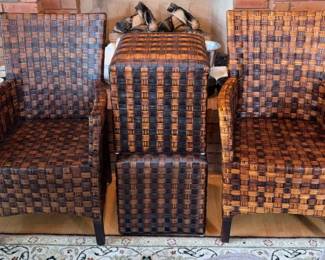 Four Wicker Basket Weave Arm Chairs with Two Ottomans