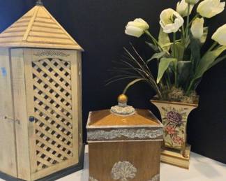 Faux Tulip Plant With Floral Tiered Vase, Tin Like Decorative Storage Box, Wooden Dec Corner Cabinet