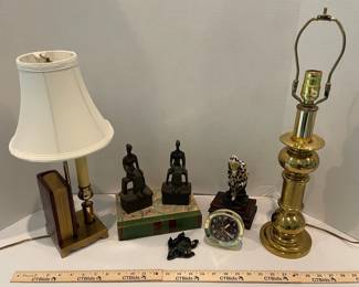 Two Vintage Lamps, Vintage Westclox Clock, Metal Women Statues, Jester Figure, More
