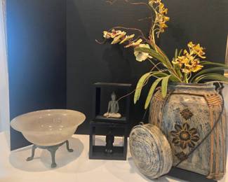 Glass Bowl With Green Metal Base, Decorative Rice Basket With Faux Orchids, 2 Buddha Wall Decor