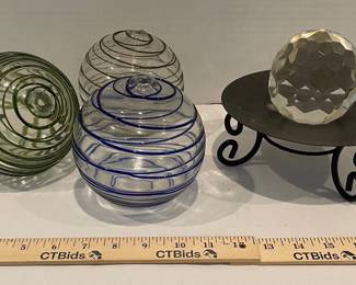 Cut Crystal MultiFaceted Paperweight, Three Hand Blown Glass Balls, Small Metal Pedestal