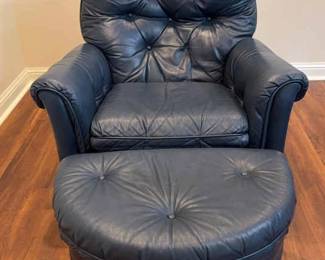 Leather Tufted Chair and Ottoman , Navy Blue