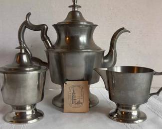 Woodbury Pewter Coffee Pot,Creamer ,Sugar BowlReproduction From The Henry Ford Museum , Towle Tray