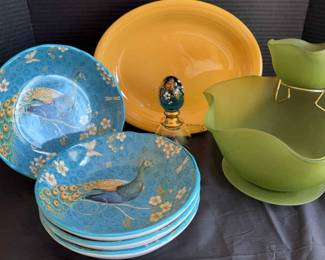 Fenton Egg on Brass Pedestal 4 Teal Peacock Serving Bowls, Fiesta Ware, Frosted Green Dip Bowl Set
