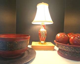Hand Painted Lamp With Brass Bottom, Decorative Wooden Bowls Wooden Ball Decor, Black Accent Plate