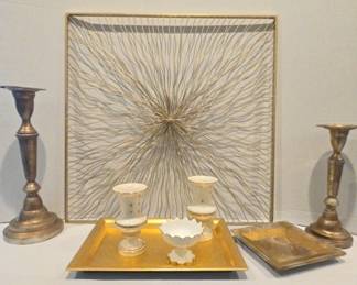 Gold And White Serving Trays, Bud Vases, Candy Dish, 2 Gold Candle Holders, Gold Wall Art Piece
