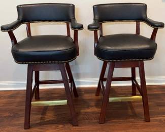 Hickory Leather Co. Swivel Bar Stools with Nailhead Trim and Brass Footrest