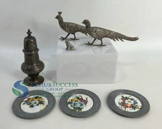 Italian Metal Pheasant Figurines, Sugar Shaker & Floral Ceramic Coasters