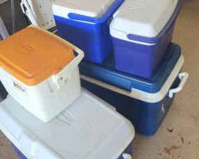 5 Coolers Of Various Sizes
