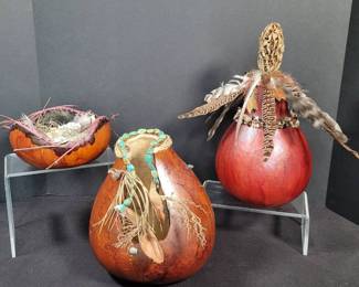 Handcrafted Southwestern Gourd Art Lot Feathers Crystals Beads