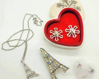 Misc. Jewelry Lot Vintage Snowflake Earrings Eiffel Tower Pin Necklace Rhinestone Studs