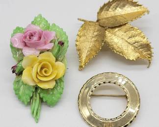 008 Three Vintage Brooches Aderley Floral Brooch Gold Tone Circle Gold Leaf