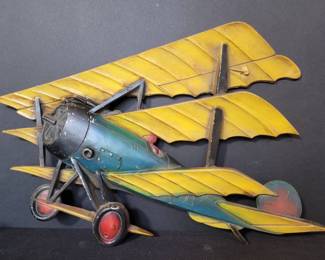 1970s Sexton Cast Metal TriPlane Wall Decor WWI Aircraft Blue Yellow