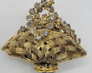 003 Weiss Gold Tone Wire Basket and Clear Rhinestone Basket Brooch